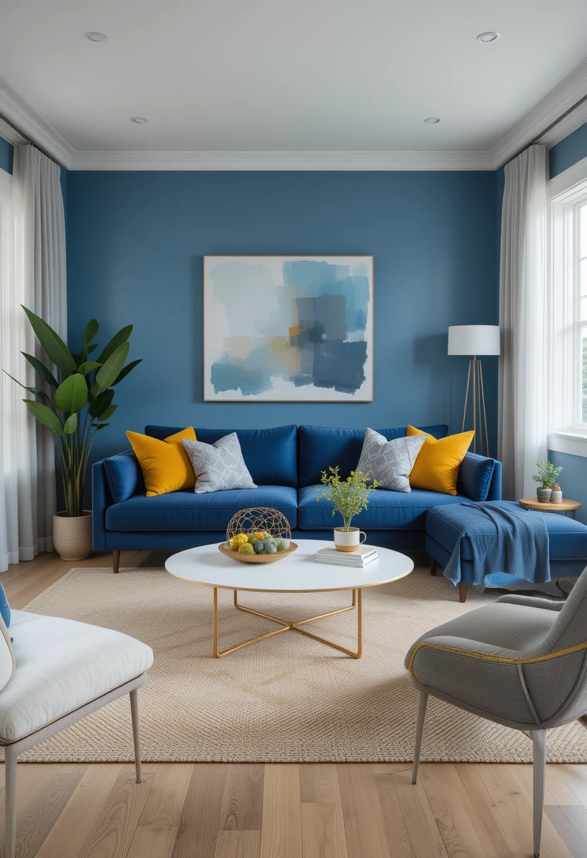 A modern living room featuring a navy blue sofa as the centerpiece, surrounded by a thoughtfully selected color palette
