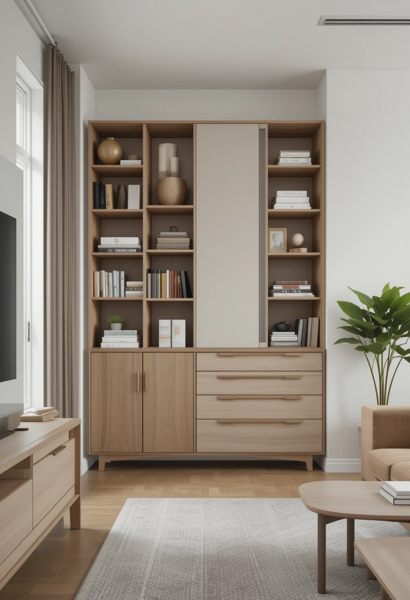 small living room with a multifunctional storage cabinet. The cabinet should have a combination of shelves and drawers, maximizing both storage and style
