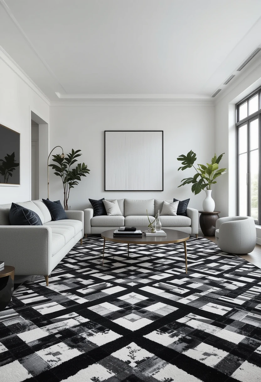 A sleek, minimalist living room with a bold black-and-white geometric patterned carpet