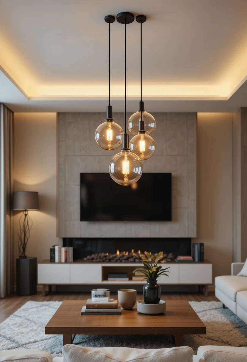 A cozy modern living room with a cluster of three glass pendant lights hanging over a coffee table. The lights vary in height and provide a striking yet warm ambiance