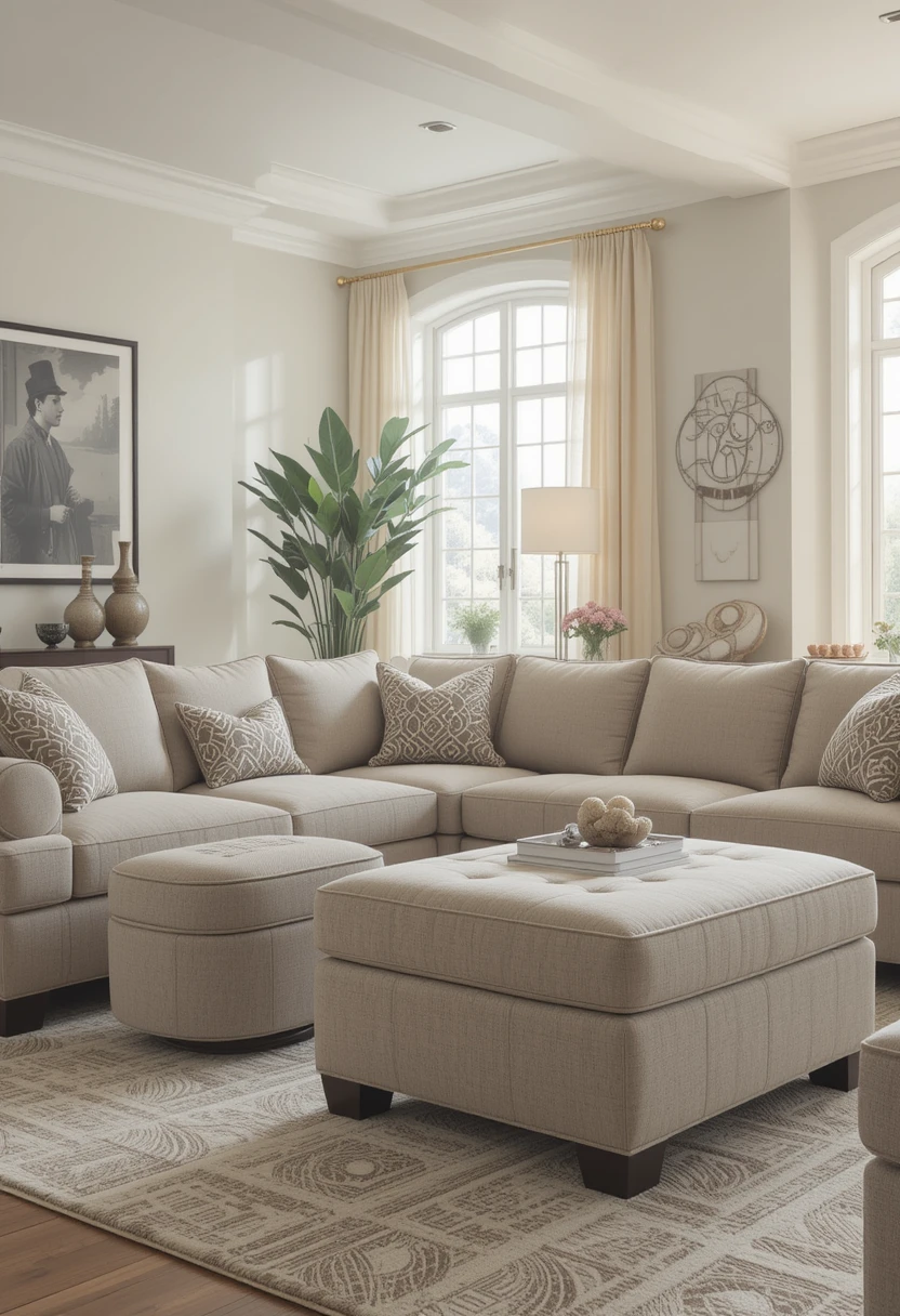 A spacious and comfortable living room with an affordable sectional sofa featuring built-in ottomans