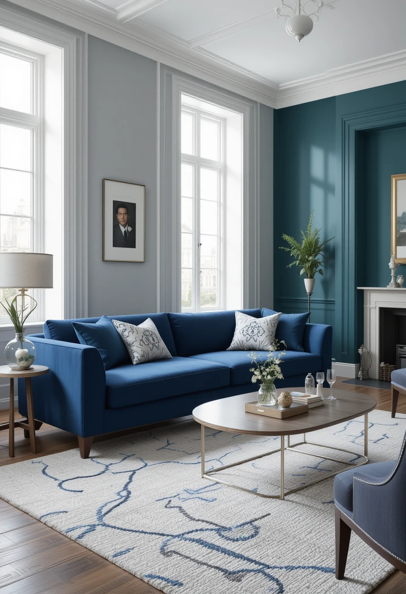 A stylish living room featuring a blue couch as the centerpiece, with walls painted in three different color schemes to enhance the sofa