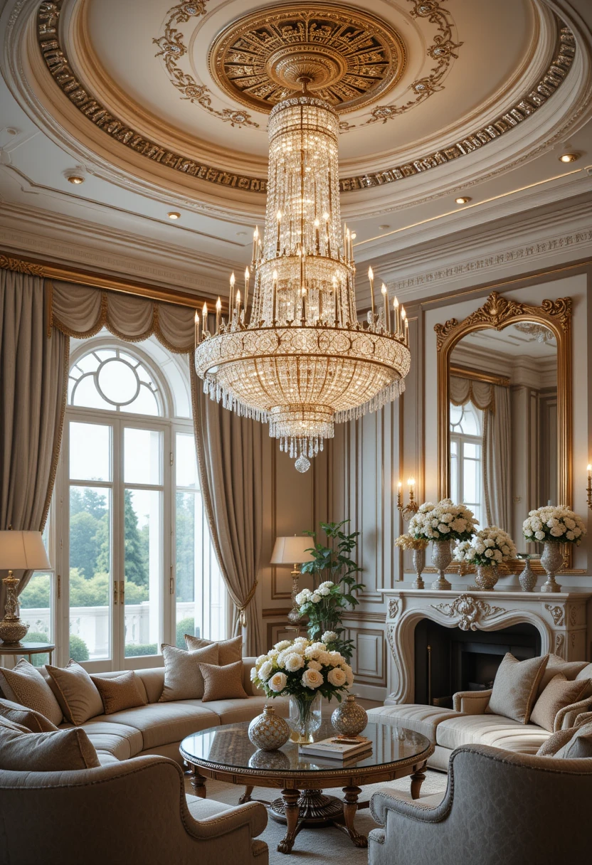 A luxurious living room featuring a grand crystal chandelier hanging from the ceiling, casting a warm and glamorous glow over plush furniture