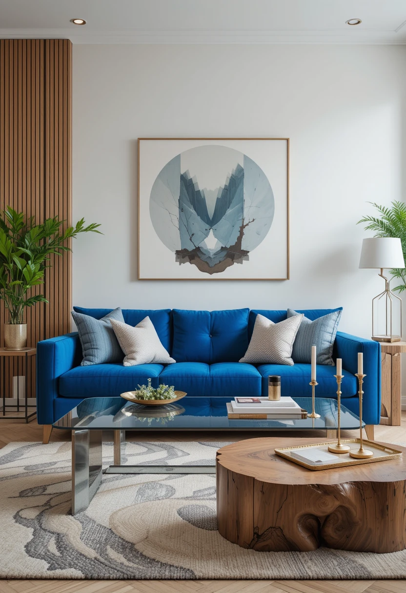 A contemporary living room featuring a blue sofa paired with three distinct coffee table styles. The first area shows a sleek glass coffee table