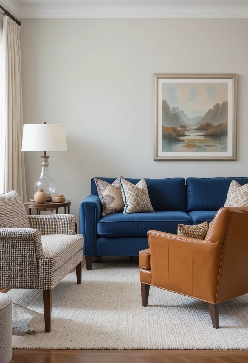 A beautifully styled living room featuring a blue sofa complemented by three types of accent chairs
