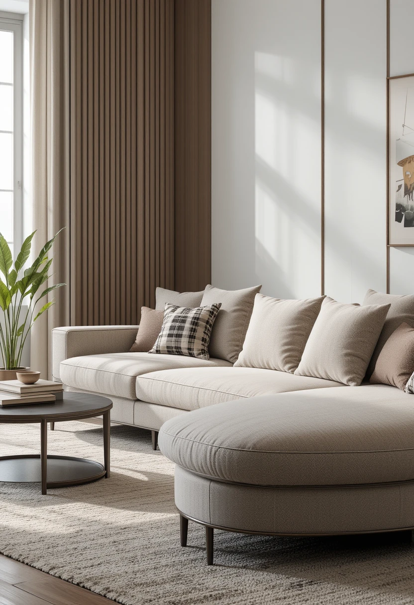 A modern living room with a mid-range sectional sofa with an ottoman, providing ample seating and comfort