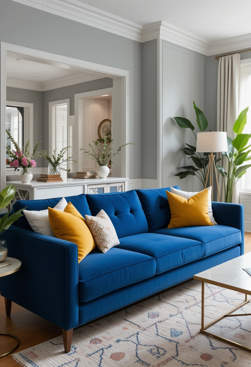 A stylish living room with a blue couch as the focal point, surrounded by a carefully chosen color palette
