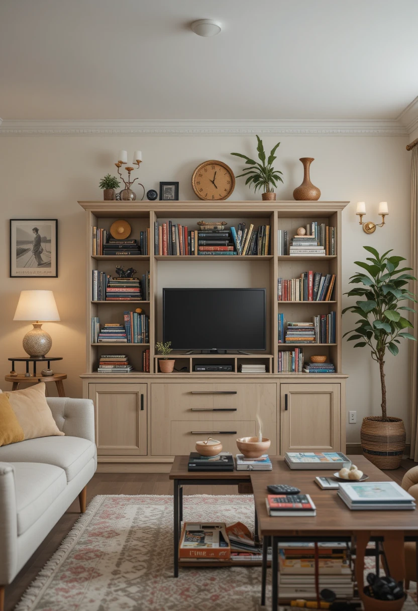 a cozy and organized living room with a stylish cabinet. The cabinet should be neatly storing books, media devices, remotes, decorative items, and board games