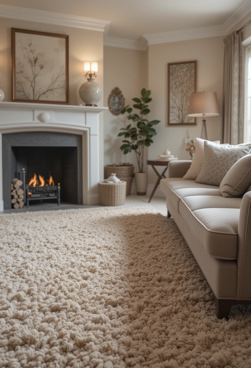 A cozy living room featuring a luxurious plush wool carpet in soft neutral tones