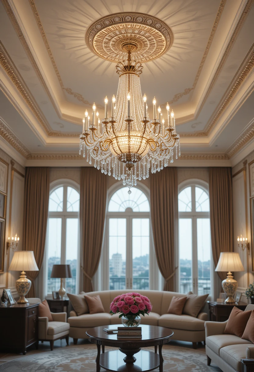 A luxurious living room with a classic crystal chandelier hanging from the ceiling