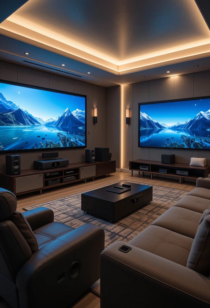 A well-organized living room theater setup, showcasing a large 4K Ultra HD TV, an OLED display