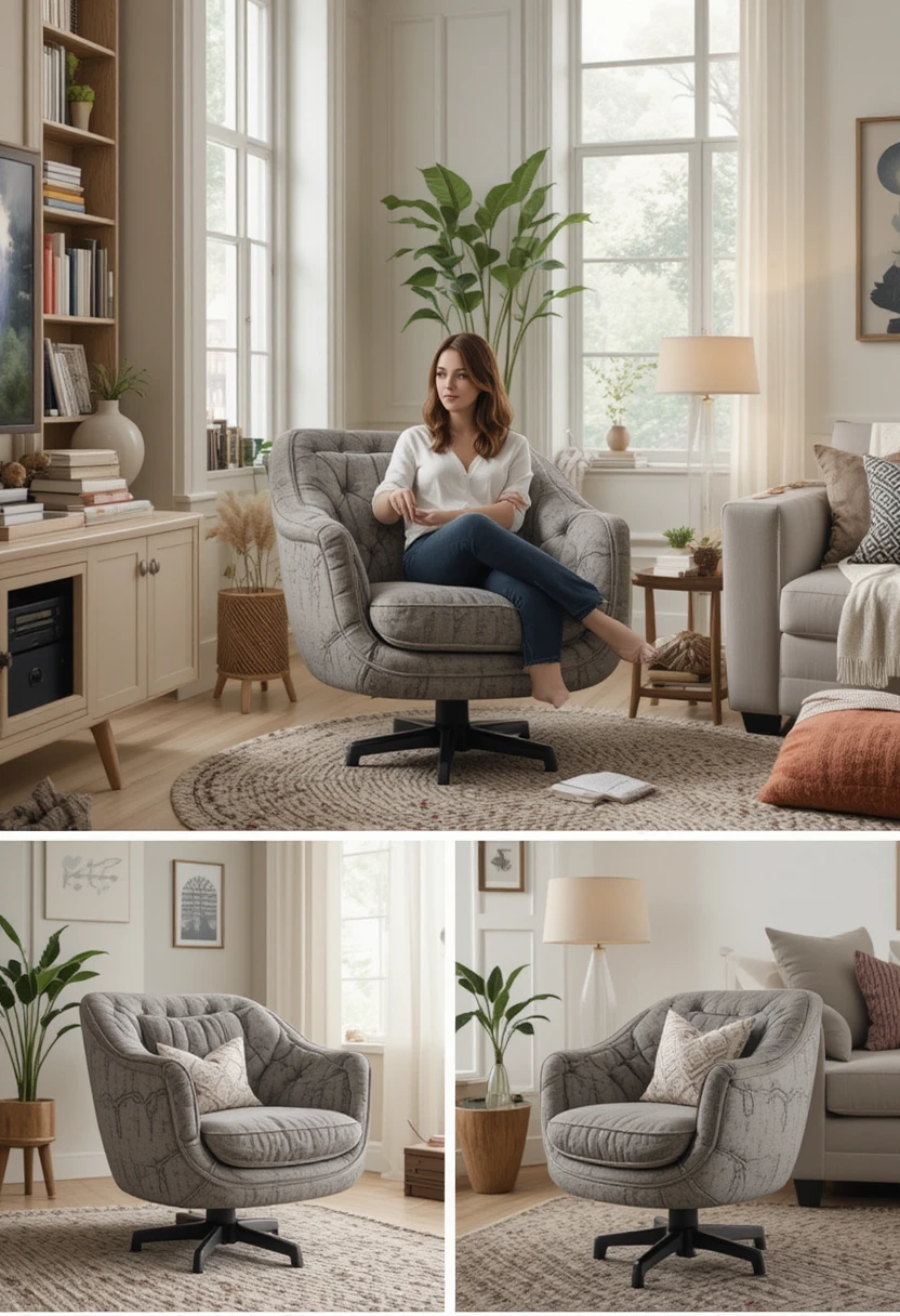 image of a cozy living room featuring a stylish swivel chair